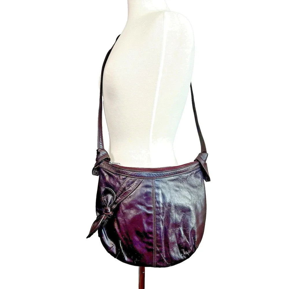 Vintage BAJA CALIFORNIA Leather Shoulder‎ Bag Dark Burgundy Hobo with Bow